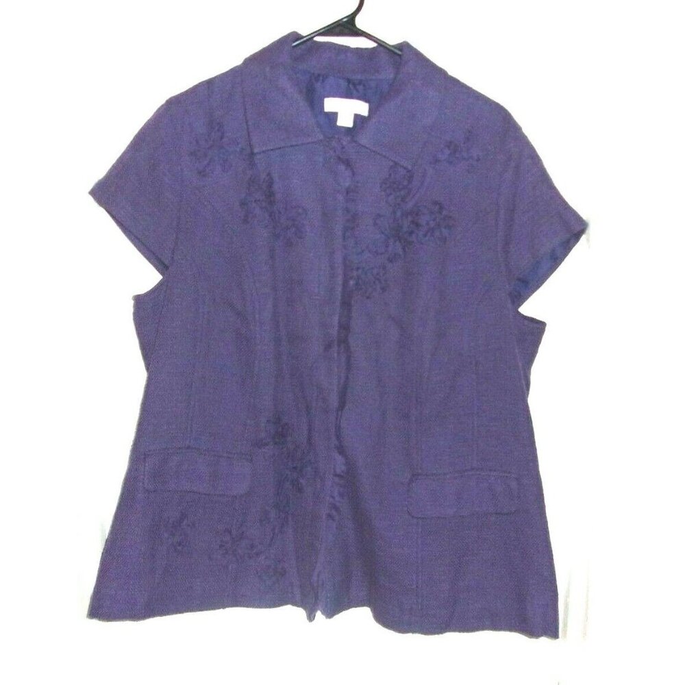 Coldwater Creek Purple Textured Floral Embroidery Snap Front Blouse Plus W18